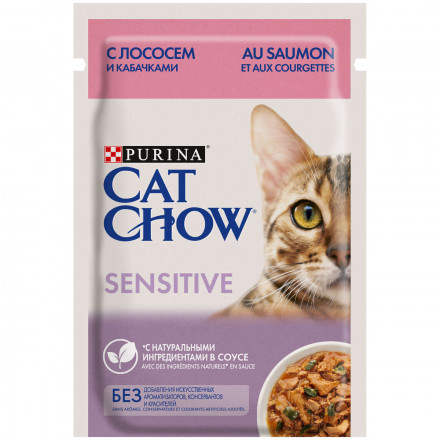 Purina Cat Chow Adult Sensitive паучи для взрослых кошек с чувствительным пищеварением с лососем и кабачками - 85 г х 26 шт