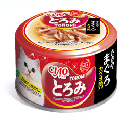 Inaba Ciao Toromi влажный корм для взрослых кошек с куриным филе, тунцом магуро и кацуобуси в бульоне, в консервах - 80 г х 24 шт