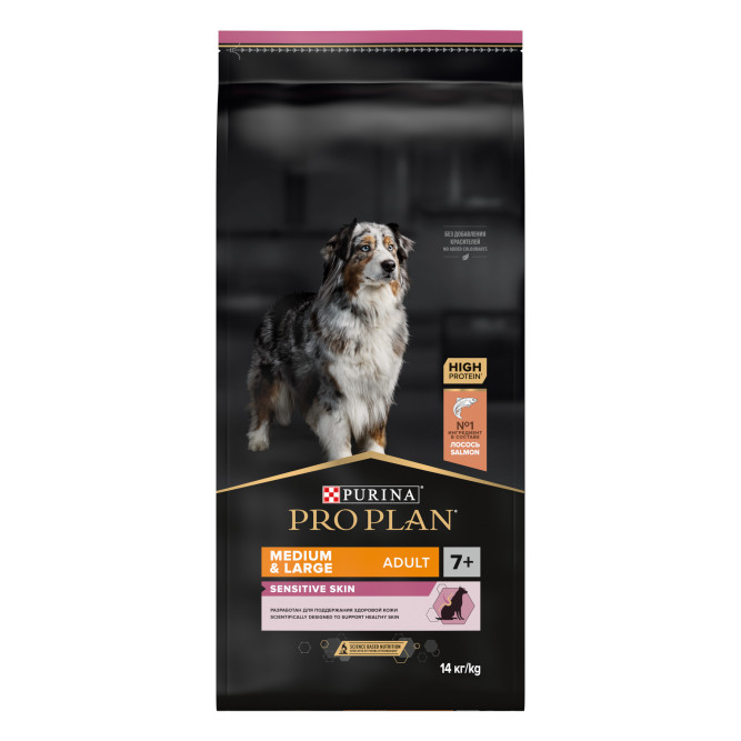 Pro Plan Medium &amp; Large Athletic Sensitive Skin 7+ сухой корм для взрослых собак крупных пород старше 7 лет с атлетическим телосложением с чувствительной кожей с лососем и рисом - 14 кг