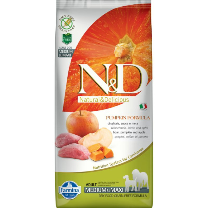 Farmina N&amp;D Pumpkin Dog Grain Free Boar &amp; Apple Adult Medium &amp; Maxi сухой беззерновой корм для взрослых собак средних и крупных пород с мясом кабана, яблоками и тыквой - 12 кг