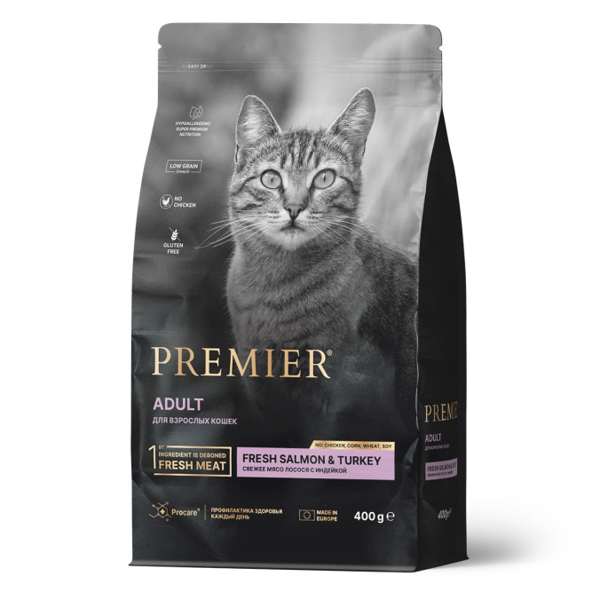 Premier Cat Salmon &amp; Turkey Adult сухой корм для взрослых кошек, свежее филе лосося с индейкой - 400 г