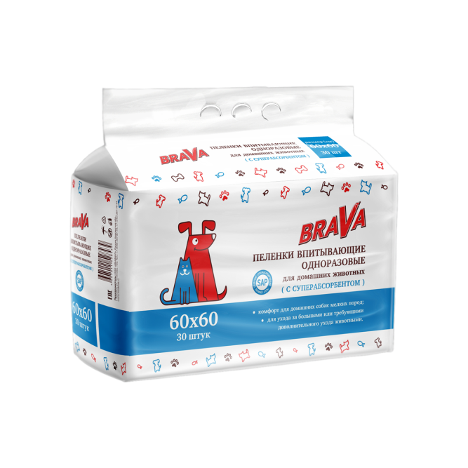 Brava пеленки впитывающие одноразовые для домашних животных с суперабсорбентом, гелевые, шестислойные, 60х60 см - 30 шт