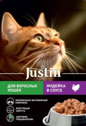 Justin влажный корм для взрослых кошек с индейкой, в соусе, в паучах - 75 г х 28 шт