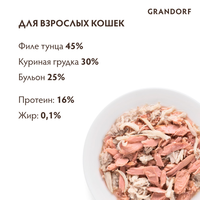 Grandorf tuna With Chicken In Broth влажный корм для кошек, филе тунца с куриной грудкой - 70 г х 6 шт