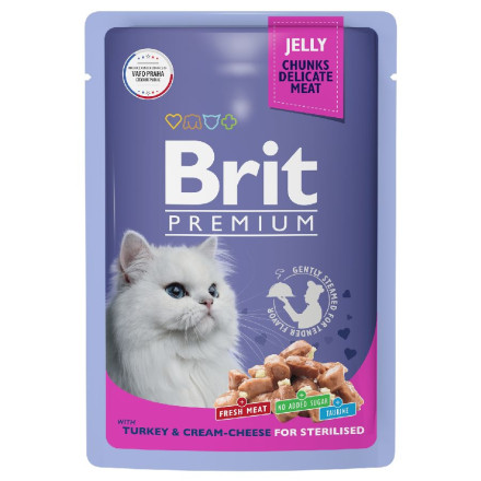 Brit Premium паучи для взрослых стерилизованных кошек с индейкой и сыром кусочки в желе - 85 г х 14 шт