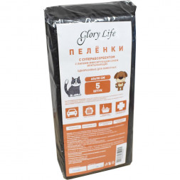 Glory Life пеленки c суперабсорбентом и липким фиксирующим слоем одноразовые для собак и кошек, чёрные, 5 шт, 60x90 см