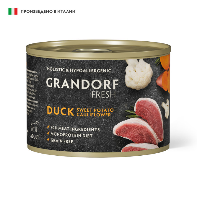 Grandorf Fresh влажный беззерновой корм для взрослых собак, паштет из утки с бататом и цветной капустой, в консервах - 200 г х 6 шт