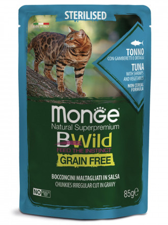 Monge Cat BWild Grain Free влажный беззерновой корм для стерилизованных кошек с тунцом, креветками и овощами в паучах 85 г