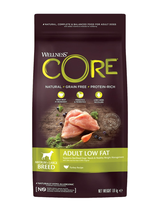 Wellness Core сухой корм для взрослых собак средних и крупных пород пород с низким содержанием жира с индейкой и курицей 1,8 кг