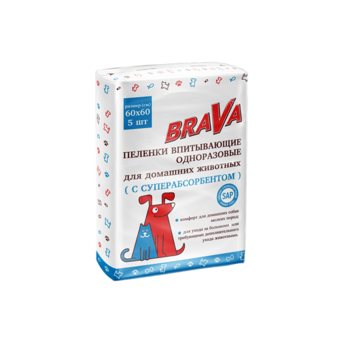 Brava пеленки впитывающие одноразовые для домашних животных с суперабсорбентом, гелевые, шестислойные, 60х60 см - 5 шт
