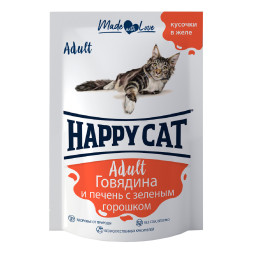 Happy Cat влажный корм для взрослых кошек с говядиной, печенью и горохом, в желе, паучи - 85 г х 24 шт