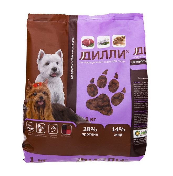 Дилли сухой корм для взрослых собак мелких пород с курицей и индейкой - 1 кг
