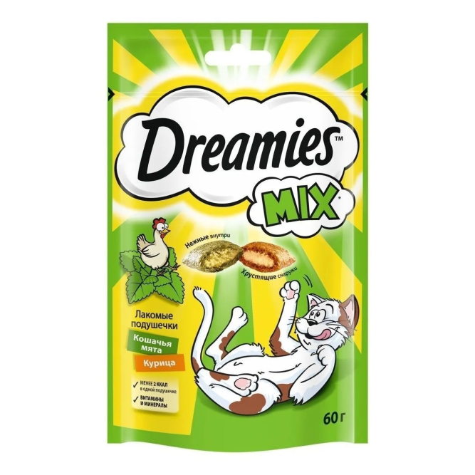 Dreamies лакомые подушечки для взрослых кошек с курицей и кошачьей мятой - 60 г