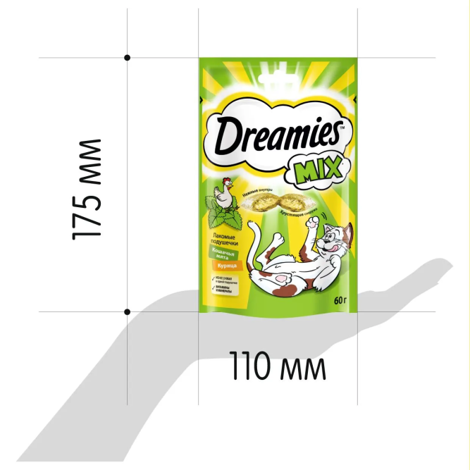 Dreamies лакомые подушечки для взрослых кошек с курицей и кошачьей мятой - 60 г