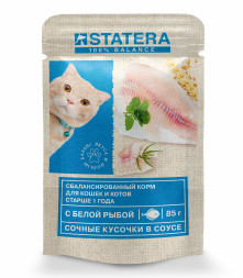 Statera полнорационный влажный корм для взрослых кошек с белой рыбой в соусе, в паучах - 85 г х 25 шт