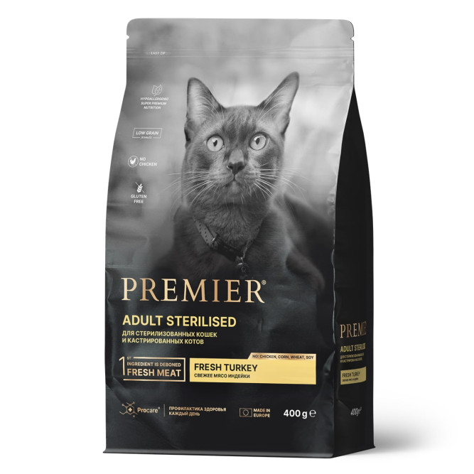 Premier Cat Turkey Sterilised сухой корм для взрослых стерилизованных кошек, свежее мясо индейки - 400 г