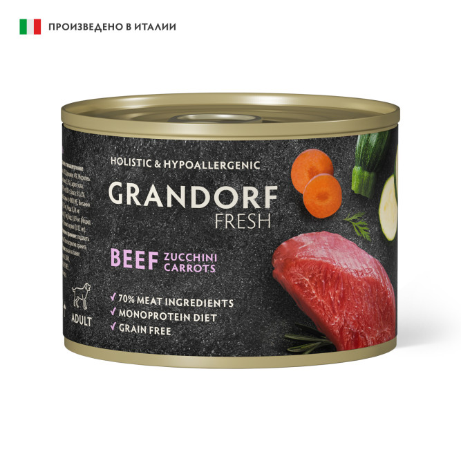 Grandorf Fresh влажный беззерновой корм для взрослых собак, паштет из говядины с цукини и морковью, в консервах - 200 г х 6 шт
