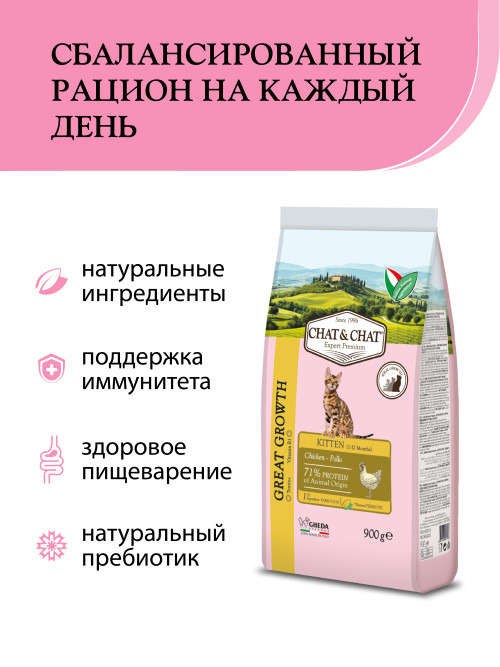 Chat&amp;Chat Kitten Great Growth Chicken сухой корм для котят с цыпленком - 900 г