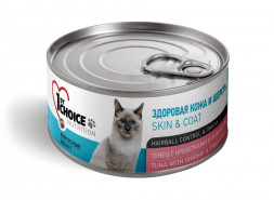 1st Choice Skin &amp; Coat влажный корм для взрослых кошек для кожи и шерсти с тунцом, креветками и ананасом в консервах - 85 г х 12 шт