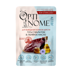 Optinome влажный корм для взрослых стерилизованных кошек для выведения комков шерсти с гусем, мальтом и льняным маслом в желе, в паучах - 75 г х 28 шт