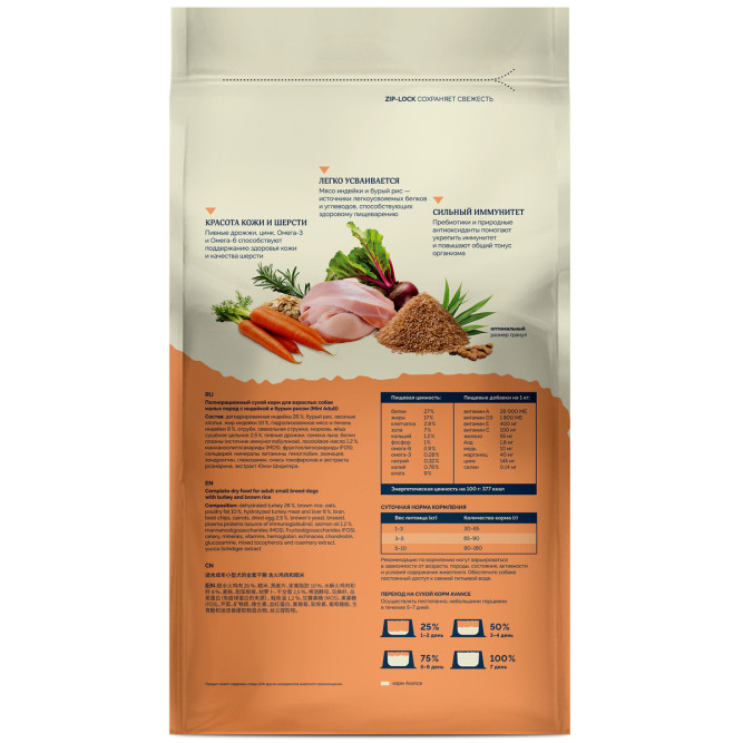 Avance Mini Adult полнорационный сухой корм для взрослых собак малых пород, с индейкой и бурым рисом - 3 кг