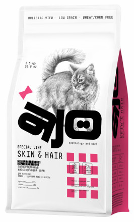 AJO Cat Skin&amp;Hair сухой корм для длинношерстных кошек, для кожи и шерсти, с лососем и индейкой - 1,5 кг