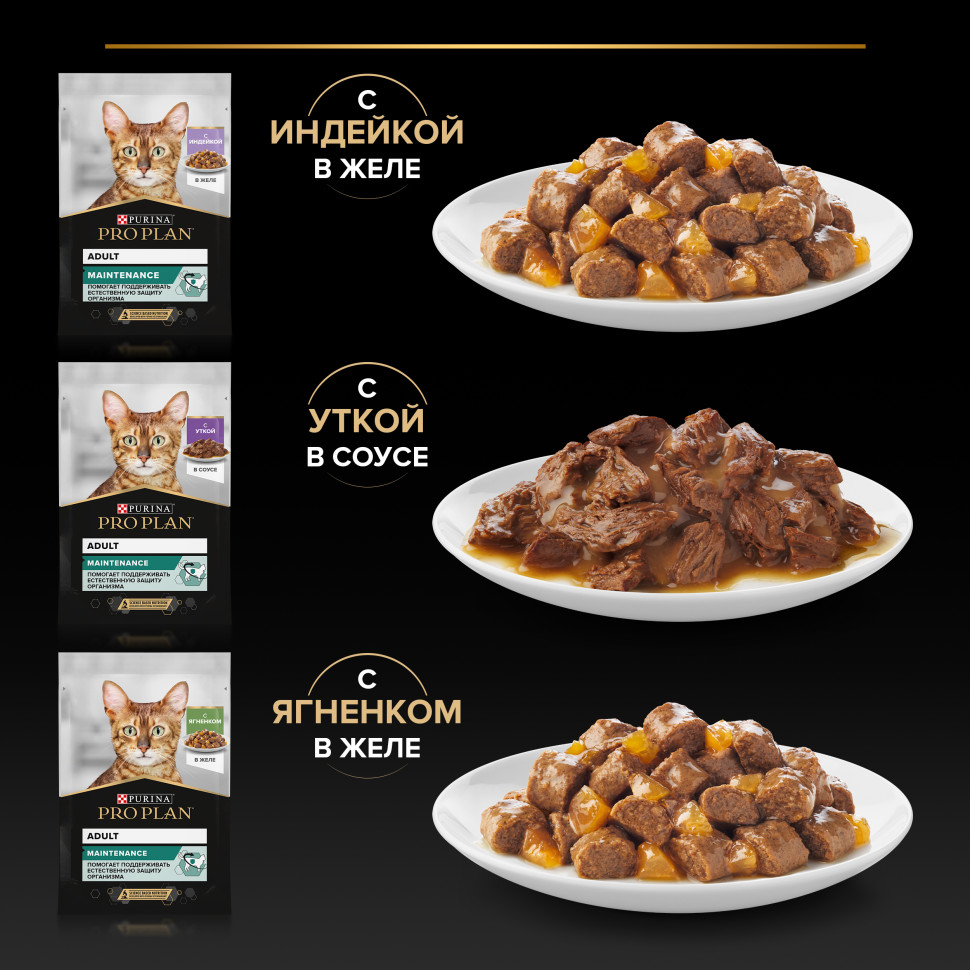 Purina Pro Plan набор паучей для взрослых кошек вкусные кусочки с индейкой  в желе, нежные кусочки с уткой в соусе, вкусные кусочки с ягненком в желе -  85 г х 40 шт -