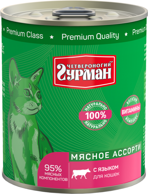 Четвероногий Гурман Мясное ассорти влажный корм для взрослых кошек с языком, в консервах - 340 г x 12 шт