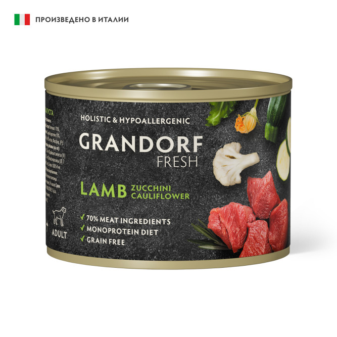 Grandorf Fresh влажный беззерновой корм для взрослых собак, паштет из ягненка с цукини и цветной капустой, в консервах - 200 г х 6 шт