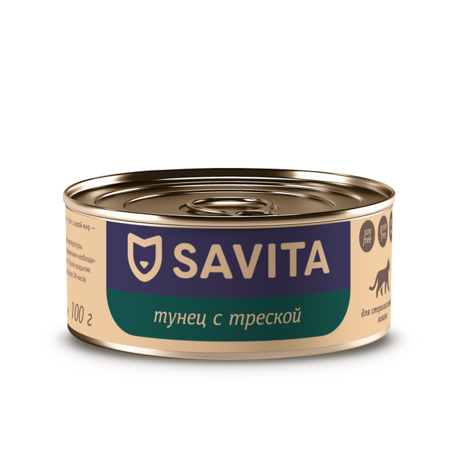 Savita влажный корм для взрослых стерилизованных кошек с тунцом и треской, в консервах - 100 г х 12 шт