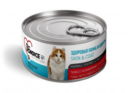 1st Choice Skin &amp; Coat влажный корм для взрослых кошек для кожи и шерсти с тунцом, кальмаром и ананасом в консервах - 85 г х 12 шт
