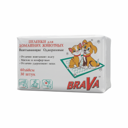 Brava пеленки впитывающие одноразовые для домашних животных с суперабсорбентом, пятислойные, 60х60 см - 30 шт