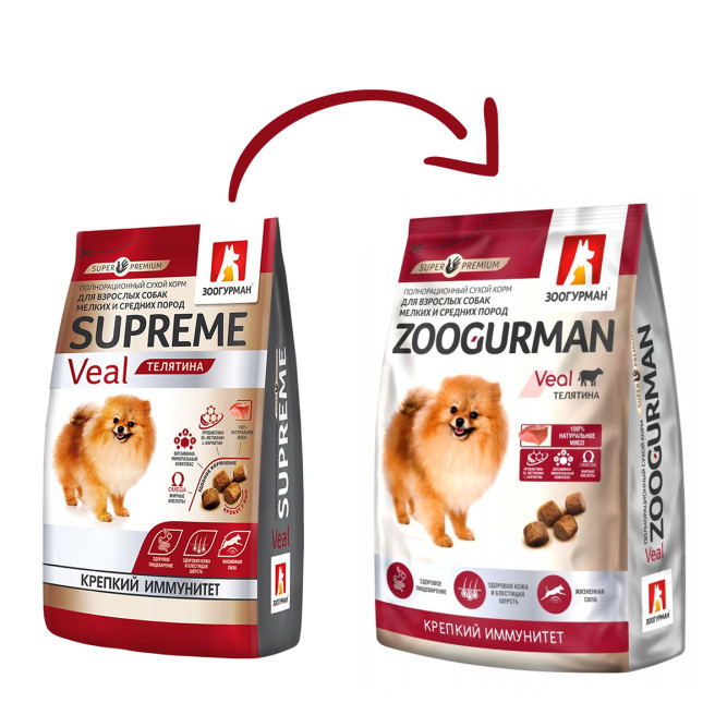 Зоогурман Supreme сухой корм для взрослых собак мелких и средних пород с телятиной - 1,2 кг