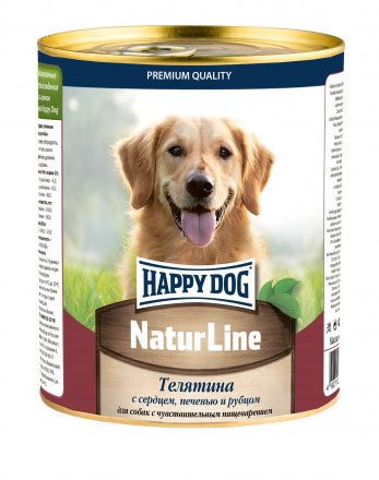 Happy Dog Natur Line консервы для взрослых собак с чувствительным пищеварением с телятиной, сердцем, печенью и рубцом - 970 гр х 6 шт