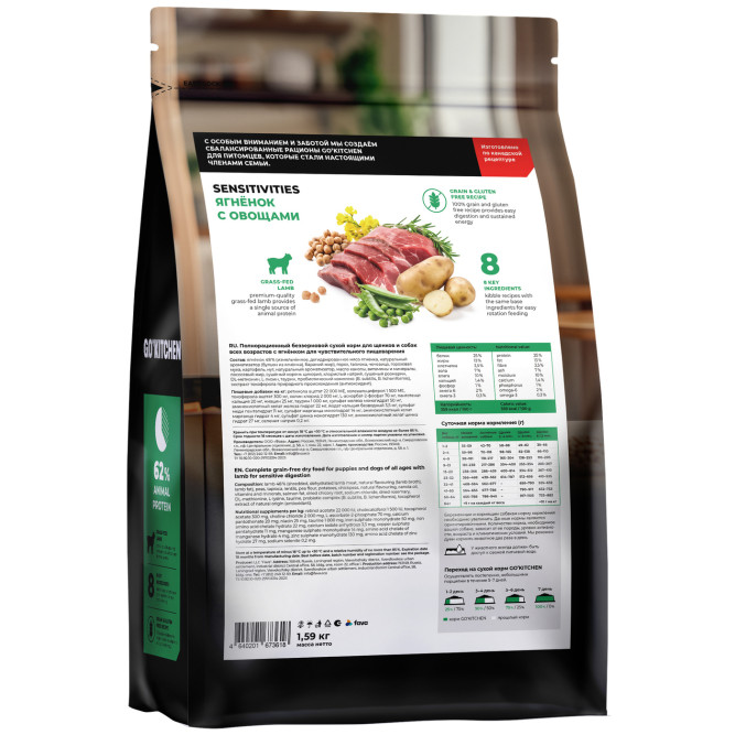 Go' Kitchen SENSITIVITIES Grain Free сухой беззерновой корм для щенков и собак с чувствительным пищеварением, с ягненком - 1,59 кг