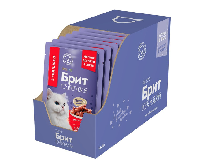 Брит Премиум паучи для взрослых стерилизованных кошек с мясным ассорти и потрошками кусочки в желе - 85 г х 14 шт