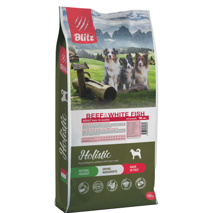 Blitz Holistic сухой беззерновой корм для взрослых собак всех пород, с говядиной и белой рыбой - 12 кг