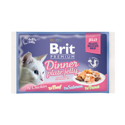Brit Premium Jelly влажный корм для взрослых кошек в форме кусочков из филе курицы, говядины, форели и лосося - 85 г