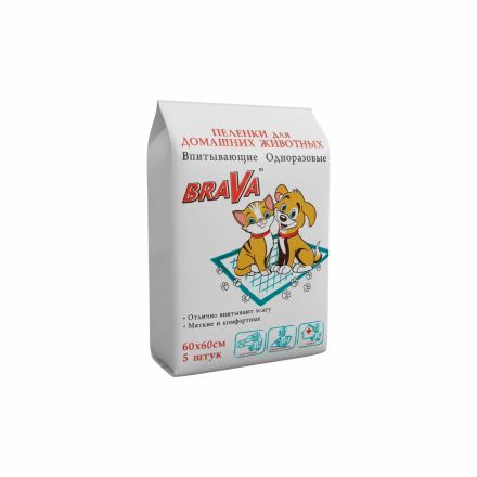 Brava пеленки впитывающие одноразовые для домашних животных с суперабсорбентом, пятислойные, 60х60 см - 5 шт