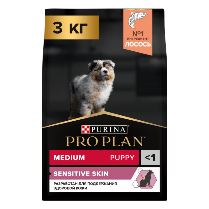 Pro Plan Sensitive Skin сухой корм для щенков средних пород с чувствительной кожей, с лососем - 3 кг