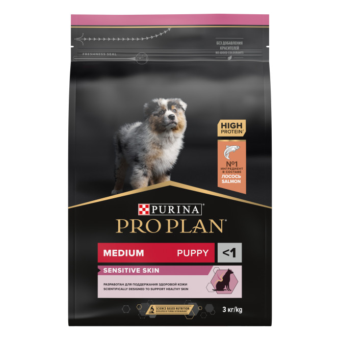 Pro Plan Sensitive Skin сухой корм для щенков средних пород с чувствительной кожей, с лососем - 3 кг