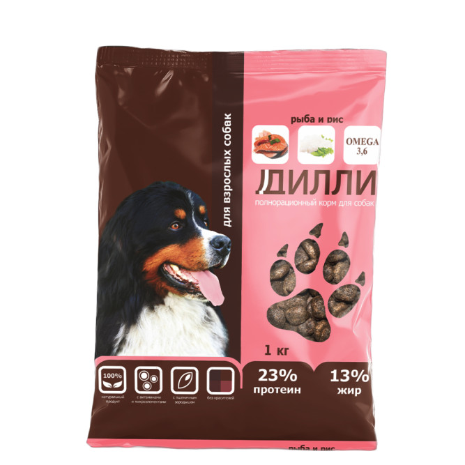 Дилли сухой корм для взрослых собак с рыбой и рисом - 1 кг