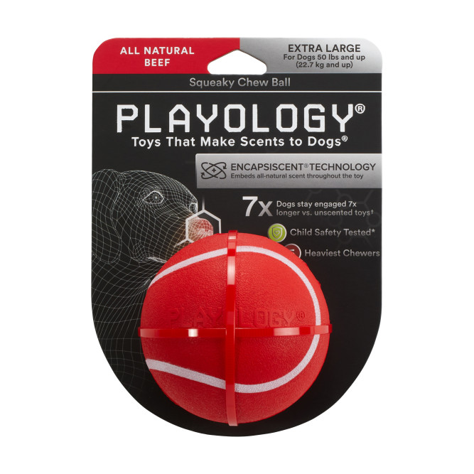 Playology SQUEAKY CHEW BALL жевательный мяч для собак средних и крупных пород с пищалкой и с ароматом говядины, 8 см, красный