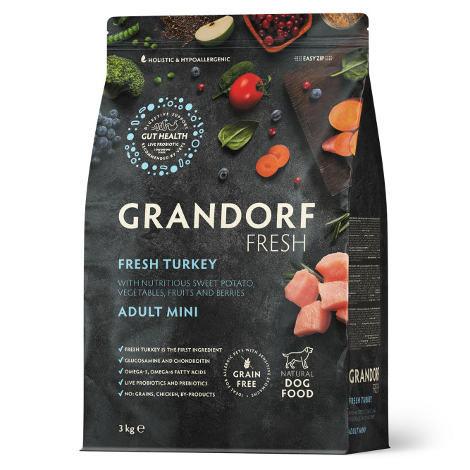 Grandorf Fresh Dog Adult Mini Turkey&amp;Sweet Potato сухой беззерновой корм с живыми пробиотиками для взрослых собак мелких пород с индейкой и бататом - 3 кг