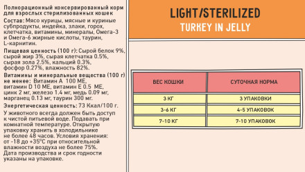 Zillii Sterilized/Light Cat Turkey влажный корм для взрослых стерилизованных кошек с индейкой в желе, в паучах - 85 х 12 шт