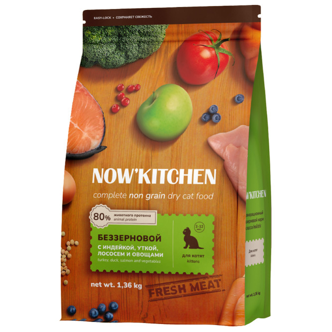 NOW' Kitchen сухой беззерновой корм для котят, со свежей индейкой, уткой, лососем и овощами - 1,36 кг