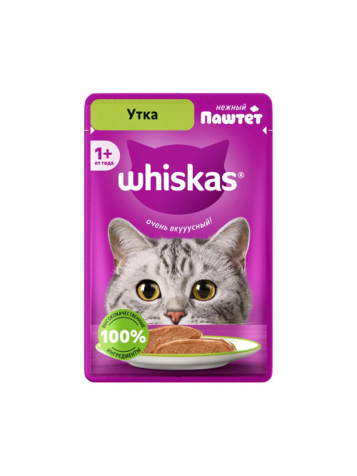 Whiskas влажный корм для взрослых кошек, паштет с уткой, в паучах - 75 г х 28 шт