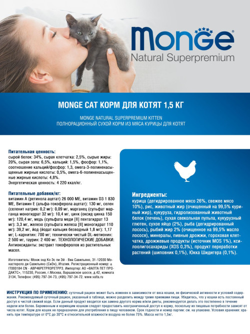 Monge Kitten сухой корм для котят с курицей 1,5 кг
