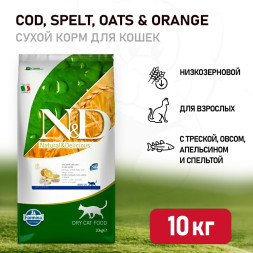 Farmina N&amp;D Ocean Cat Godfish, Spelt, Oats &amp; Orange Adult сухой низкозерновой корм для взрослых кошек с треской и апельсином - 10 кг