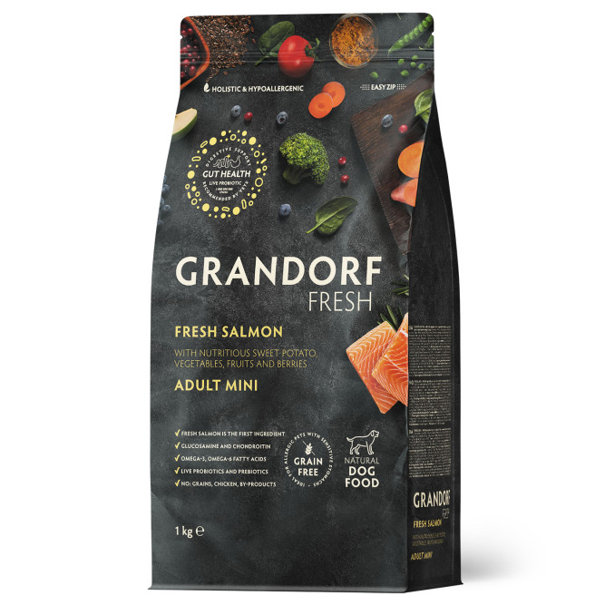 Grandorf Fresh Dog Adult Mini Salmon&amp;Sweet Potato сухой беззерновой корм с живыми пробиотиками для взрослых собак мелких пород с филе лосося и бататом - 1 кг